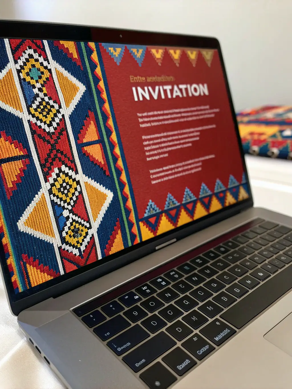 A digital invitation for a traditional South African celebration, showcasing cultural patterns and vibrant colors, displayed on a laptop screen.