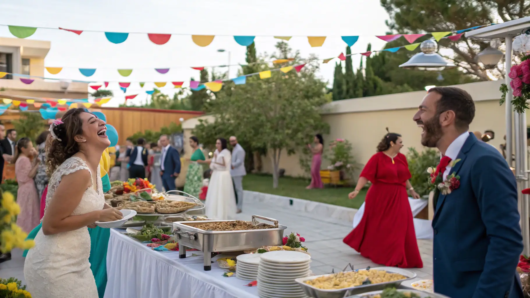 A vibrant South African wedding celebration with guests dancing and ululating, showcasing the joyous atmosphere.